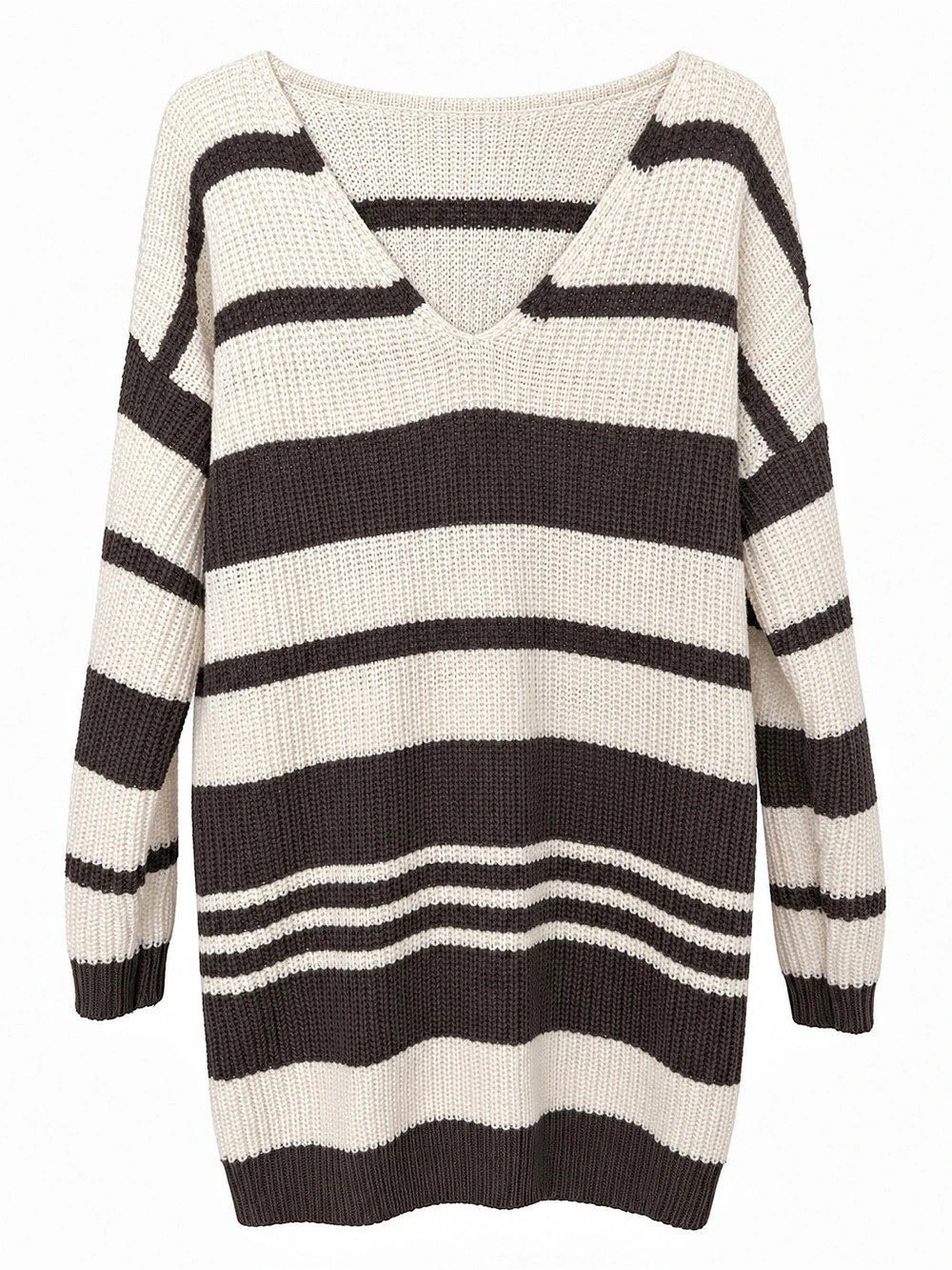 Suzy Shier Women’s Striped Knit Sweater Tunic Size L Cream Brown V-Neck